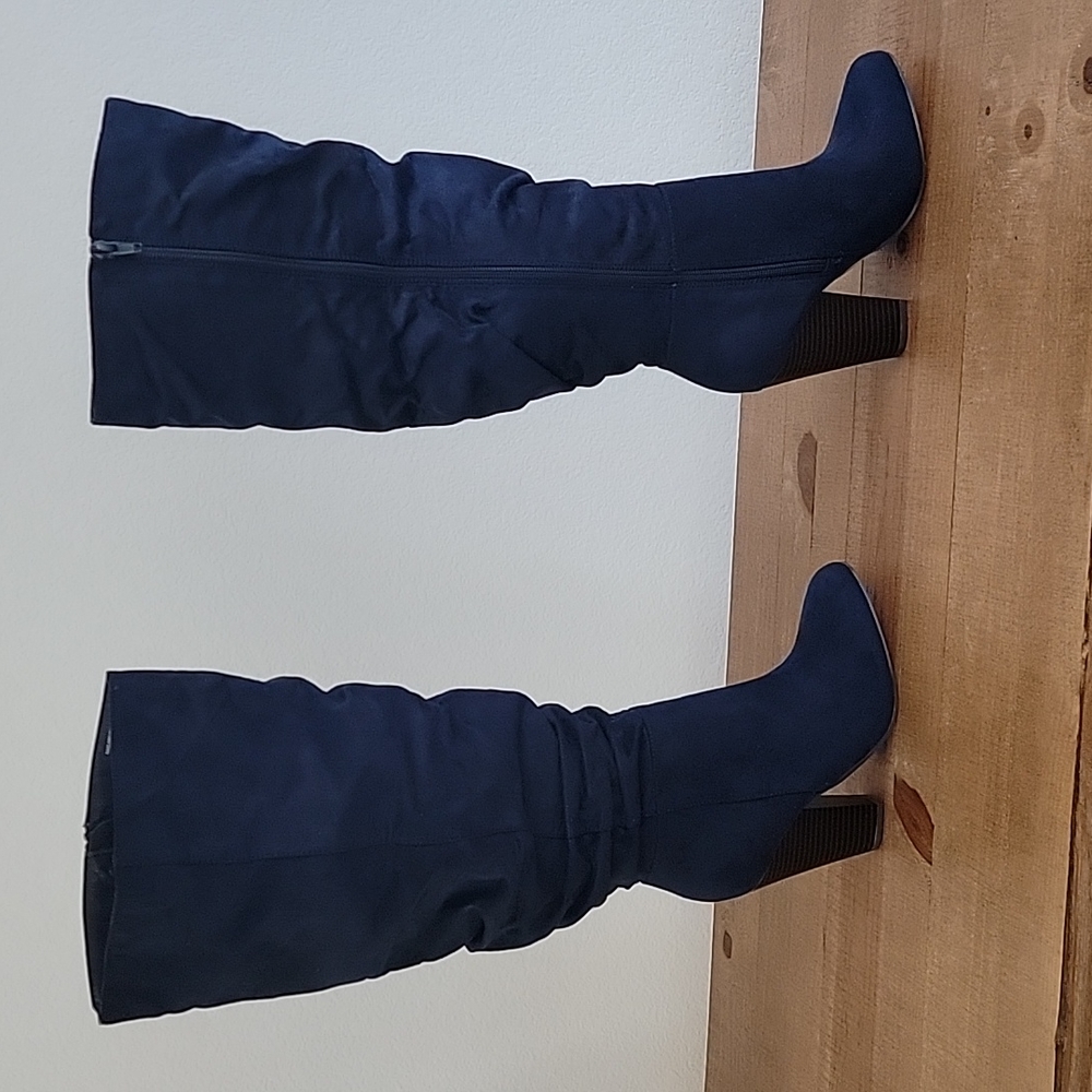 JustFab - Karlana navy boots, wide width size 7.